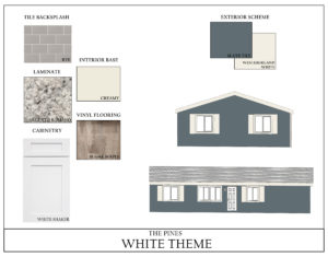 A house plan with a white and gray color scheme.