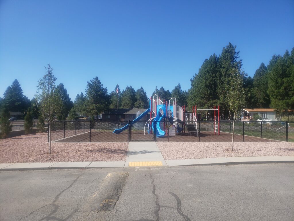 A playground with a slide and trees in the background.