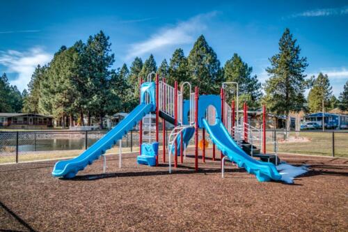 A playground with a blue slide and trees in the background.