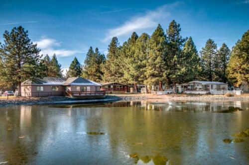A lake surrounded by pine trees and cabins.
